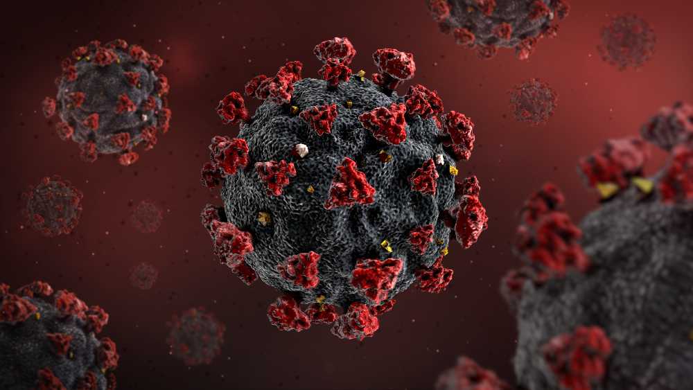 Lavoro artistico sul COVID-19 virus da un'immagine del microscopio elettronico. © Shutterstock/Midnight Movement